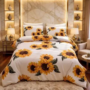 3-Piece Fresh Sunflower Print Bedding Set with Zipper, Comfortable Bedding for Bedroom and Guest Room, Includes 1 Fitted Sheet + 2 Pillowcases