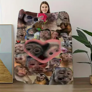 Monkey Heart Expressions Flannel Blanket - Soft Plush Throw with Expressive Monkey Faces (Surprise!, Love!, Happiness), Heart Accent  - Lightweight & Warm All-Season Blanket for Couch, Bed, Office,