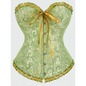 Women's Jacquard Lace Up Grommet Eyelet Frill Trim Shapewear Top, Breathable Fit Elegant Corset Shaper Bandeau Top, Shapewear Tube Top for All Seasons, Tummy Tuck Garment, Womenswear Compression Green Customized Overall