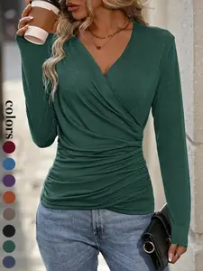 VVZ 2026 Spring New Arrival Women's Casual Long-Sleeve Top Featuring a crossover neckline and a pleated hem design, perfect for everyday wear and layering