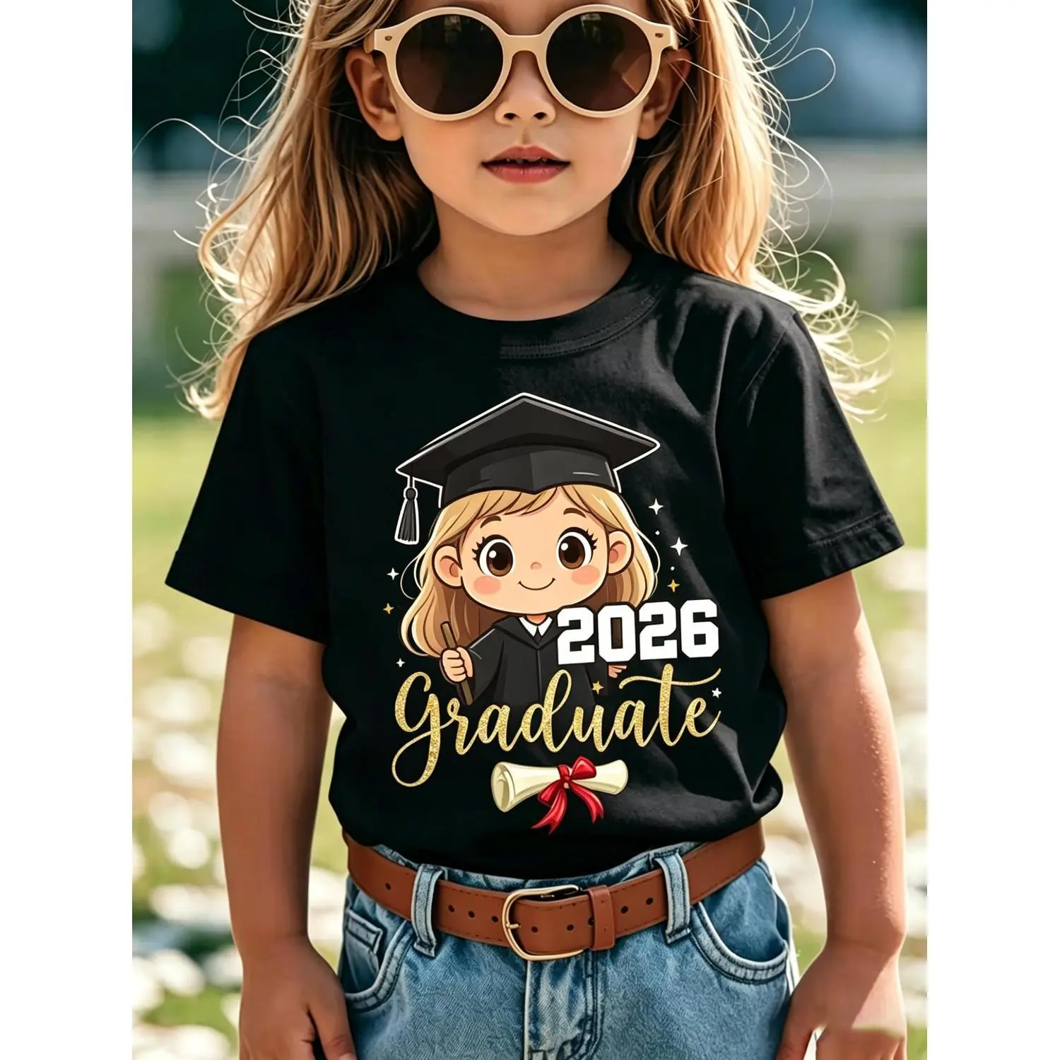 2026 Graduate Kids Shirt, Adorable Cartoon Graduate Girl Black Tee, Sparkly Gold Lettering, Ideal for Preschool or Kindergarten Graduation, Ceremony, Party, Soft Cotton, Fun Graduation Gift for Little Girls