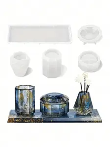 4pcs Resin Bathroom Accessories Molds Set for Toothbrush Holder Cup & Diffuser Bottle, Silicone Molds for Tray & Jar with Lid Kit for Vanity Organization