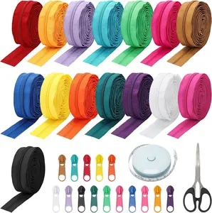 45 Yards 15 Colors #5 Nylon Coil Zippers with 90 count Pull Heads, Scissor, Ruler, Assorted Lengths Sewing Zipper for DIY Sewing Crafts Zipper Tape for Clothes, Bag, Purse Making Supplies Kit (Model 2)