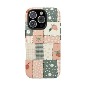 Patchwork Strawberry Phone Case, Daisy Gingham Cottagecore Cover, Cute Floral Aesthetic Protective Design Case