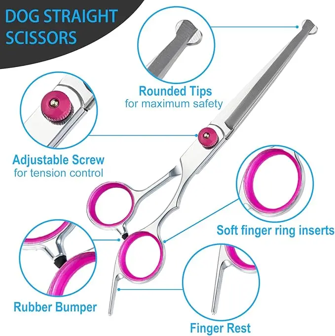 6 In 1 Dog Grooming Scissors Kit, 4CR Stainless Steel & Heavy-Duty, Professional Dog Scissors Grooming/ Safety Round Tips, & Study Grooming Shears Kit Dogs Cats Pets(Blue/Pink)
