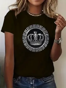 Women's Crown Print T-Shirt - Rhinestone Detail, Trendy Graphic Short Sleeve, Summer Essential