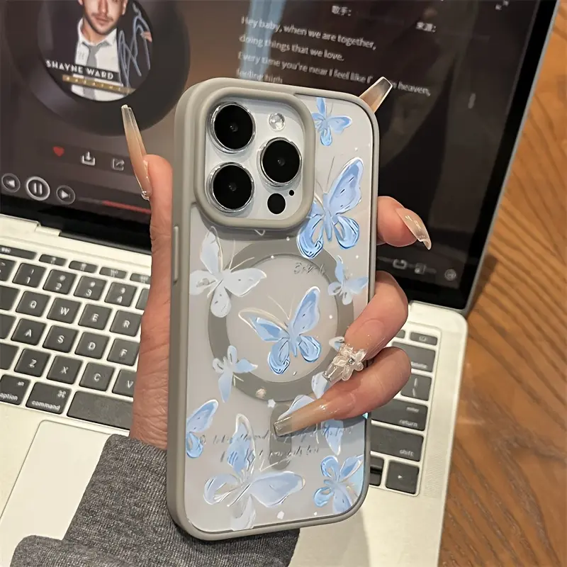 Viral Clear Matte Butterfly MagSafe Phone Case for iPhone 11 12 13 14 15 16 17 & Samsung S22-S26 - Translucent Blue Design, Anti-Yellowing Shell, Drop Protection