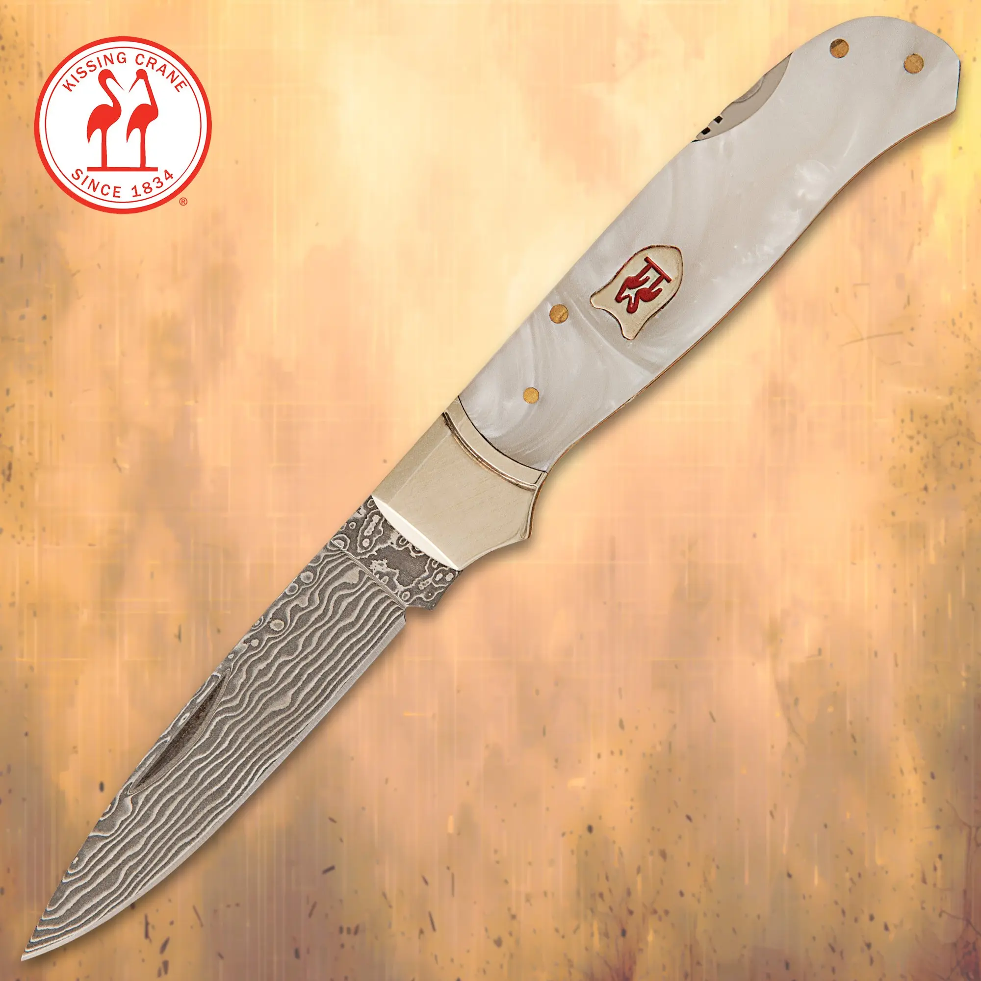 Kissing Crane Limited Lockback Imitation Pearl Damascus