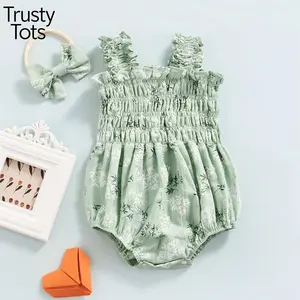 Trusty Tots Baby Girl´s Sleeveless Jumpsuit Floral Print Elastic Bust Shoulder Straps Romper Bow Headband Floral Print Elastic Bust Shoulder Straps Romper + Headband