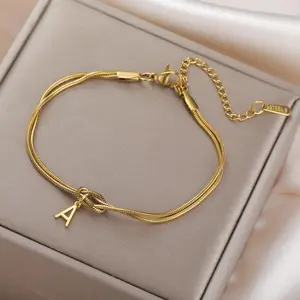 Skyrim Initial Letter Love Knot Bracelets Women Men Couple Stainless Steel Gold Color Snake Chain Bracelets A-Z Alphabet Jewelry