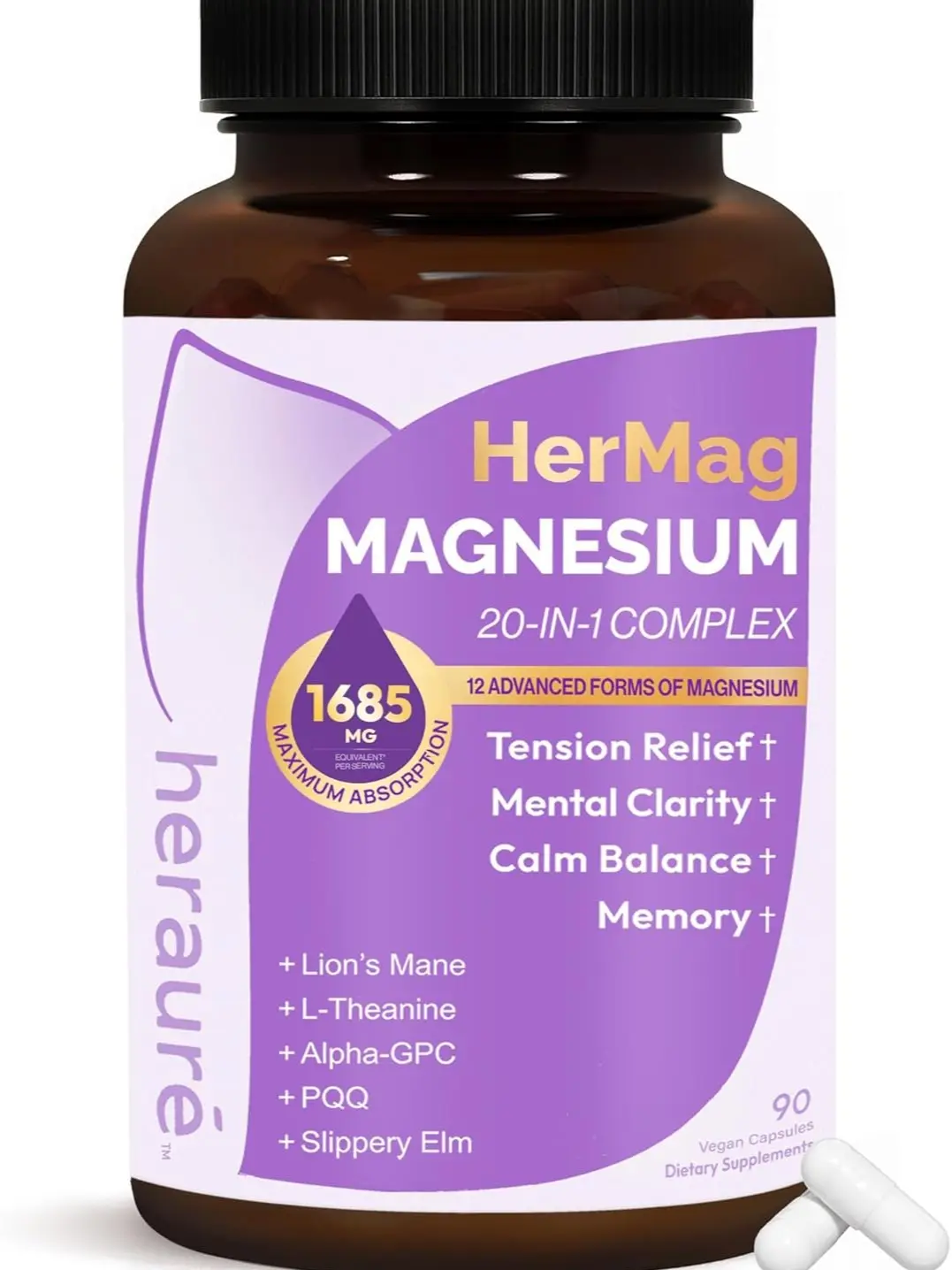 HerAure Hermag Magnesium 20-in-1 Complex 1685mg, 90 Count - Magnesium Glycinate Blend for Sleep, Focus, Calm & Brain Fog Relief for Women