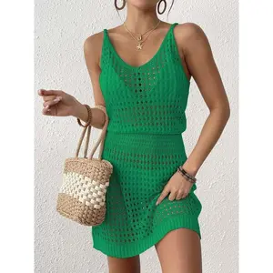 Women's Solid Ribbed Knit Crochet Beach Dress, Casual Sleeveless Short Dress for Beach Holiday Vacation, Ladies Clothes for All Seasons, Crochet Cover Up