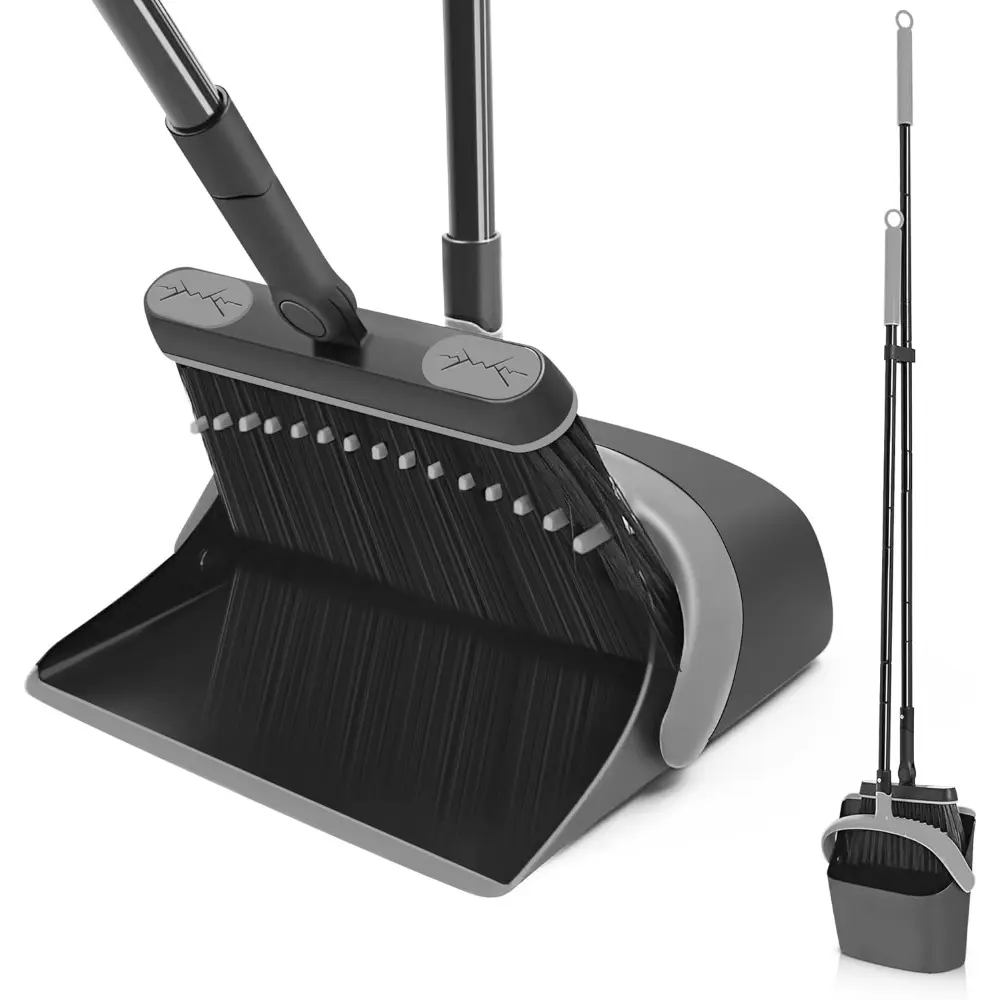 1 Set Broom and Dustpan Set, 54.3in Long Handle, 180° Swivel Head, Upright Foldable Dustpan with Built-in Comb Teeth for Deep Corners, High Places, Mopping, Compact Stand-up Storage, Keeps Hands Clean (Black & Gray)