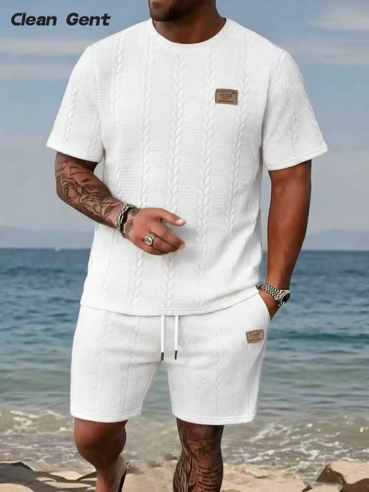 Men’s summer textured panel T-shirt + drawstring shorts two-piece set, loose and comfortable versatile casual outfit, regular fit crew neck short-sleeve T-shirt
