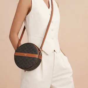 Pre-owned Celine Leather Crossbody Bags Triomphe Round Crossbody Bag Premium Leather, Classic Pattern, Available in Brown, Dimensions 5.75 x 1.50 Inches