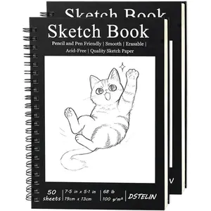 2 Pack Spiral Bound Sketchbooks (100 GSM Sketch Paper), 50 Sheets per Pack, 7.5" x 5.1" Sketchbook with Black Hard Cover for Painting, Drawing and Sketching