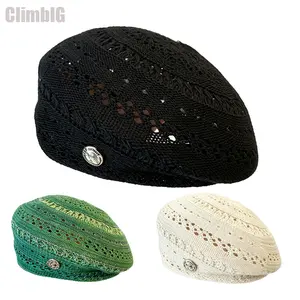 Korean French Hollow Knit Beret for Women - Face Slimming Breathable Lightweight Pleated Painter Hat Versatile Temperament Spring Summer Daily Wear 2026