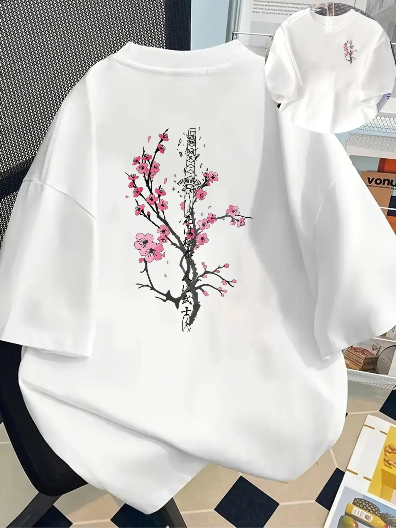 Women’s Cotton Printed Round Neck Short-Sleeve T-Shirt - Cherry Blossom Samurai Japanese Graphic, Soft Breathable Fabric, Relaxed Fit, Casual Streetwear, Asian Aesthetic Spring Summer Everyday Top