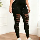 【Black Friday】Women's Plus Size High-Waisted Fitted Stretchy Tight Pants, Sequin Detail and Ripped Design, Stylish and Comfortable Fitted Leggings, High-Waist Leggings for Daily Wear