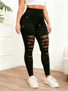 Women's Plus Size Lace Patchwork Sequin Ripped Elastic Stretchy High Waisted Sexy Tight Pants, Stylish and Comfortable High Waist Bottoms for Daily Wear