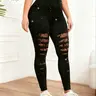 Women's Plus Size High-Waisted Fitted Stretchy Tight Pants with Lace Patchwork, Sequin Detail and Ripped Design, Stylish and Comfortable Fitted Leggings Bottoms, High Waists Leggings for Daily Wear