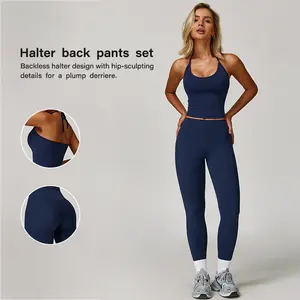 NVWA-Women's Summer Two Piece Ruceless Full Bra and High Waisted Tummy Trimming Trousers Athletic Suit Fitness Running Suit sporty yoga set Stretchable Activewear