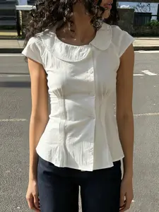 Peter Pan Collar Waist-Cropped Short Sleeve Shirt, French Elegant Casual Single Button Summer T-Shirt, Women's Commuter Style