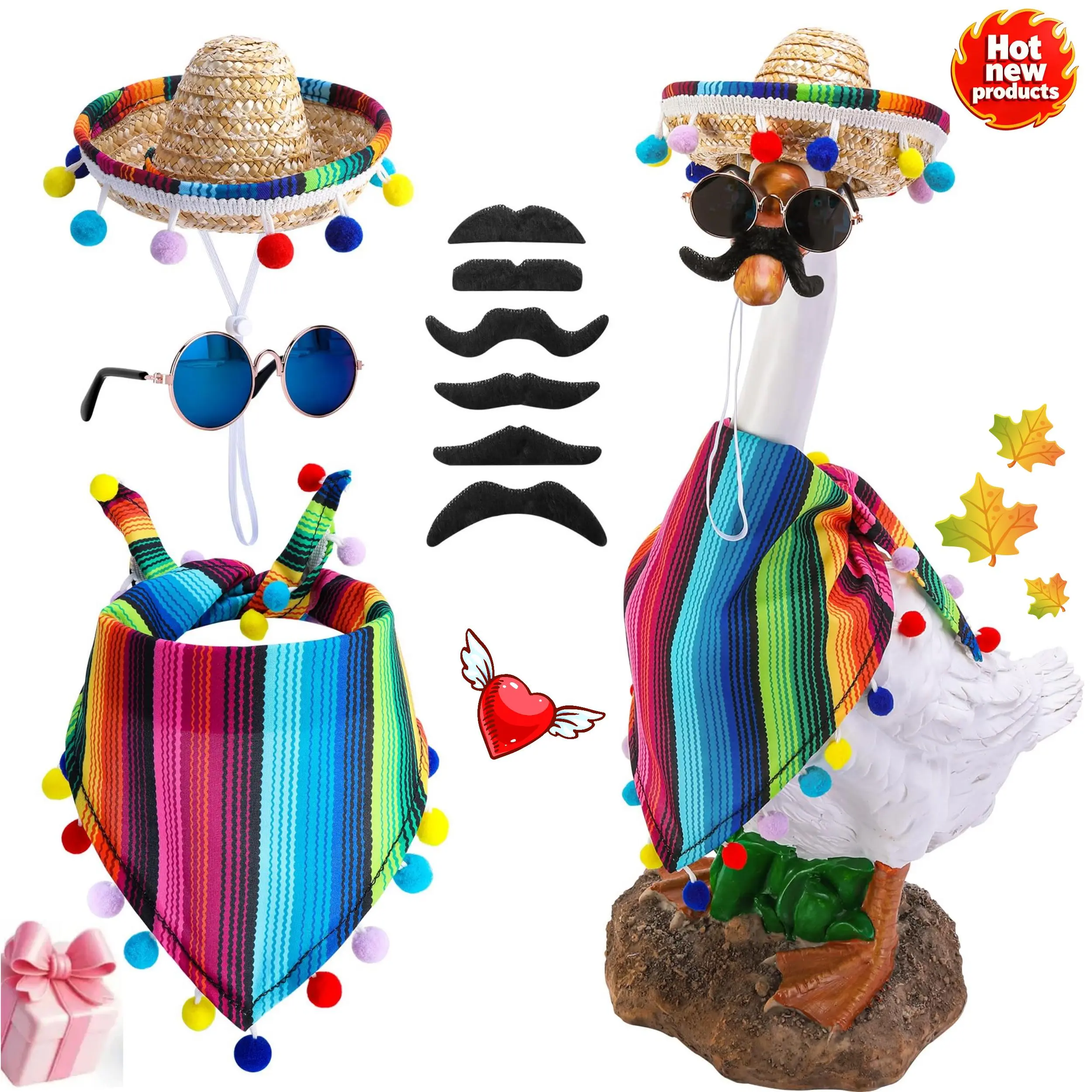 4 Pcs/Set Plastic Mexican Porch Goose Outfits with Sombrero, Bandana, Beard, Glasses, Strap, Cactus Ornaments - Fits 23"/17" Lawn Goose Statues - Cinco De Mayo DIY Garden Patio Home Decor