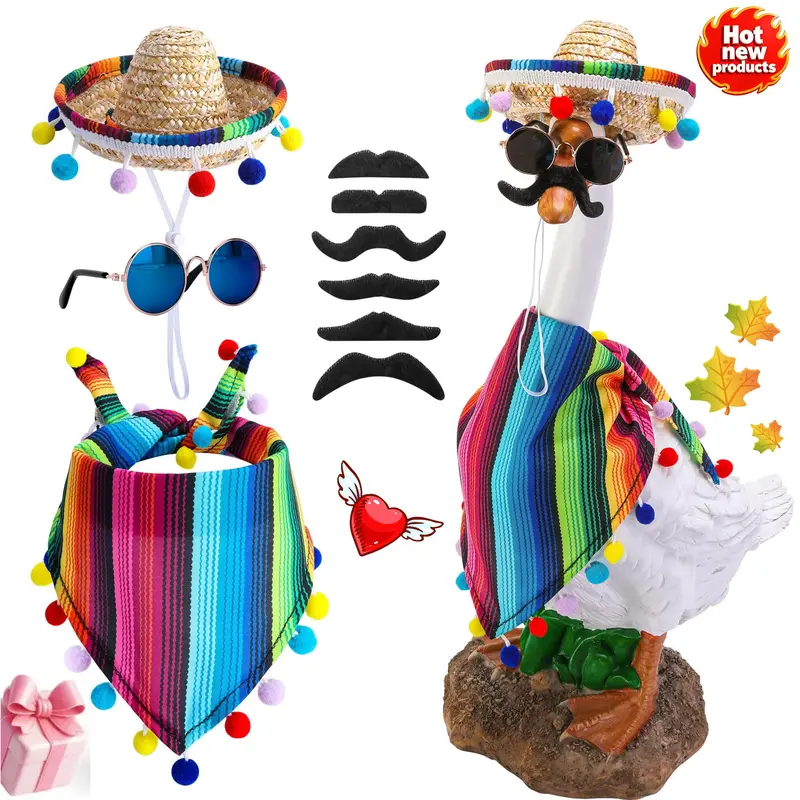4 Pcs/Set Authentic & Vibrant Plastic Mexican Porch Goose Accessories Kit - Sombrero, Bandana, Beard, Glasses, Adjustable Strap, Cactus Ornaments, Hawaiian Accents - Fits 17 in/23 in Goose Statues - Cinco De Mayo DIY Home Decor (Geese Not Included)
