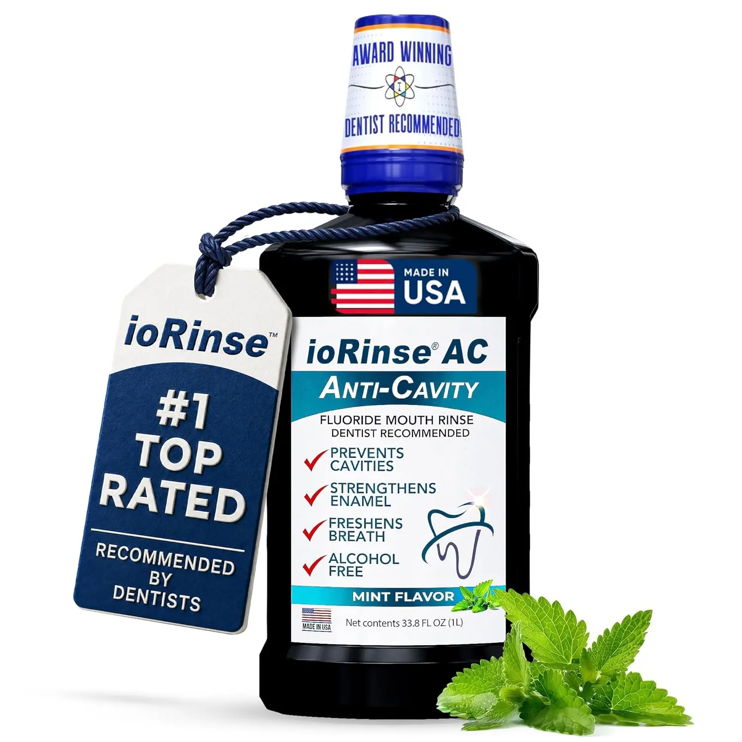 ioRinse AC Anticavity Fluoride Mouthwash - Alcohol-Free Molecular Iodine Mouth Wash Fights Tooth Decay & Protects Enamel - Safe Mint Rinse for Sensitive Mouths - Potent Bad Breath Protection - 33.8 oz
