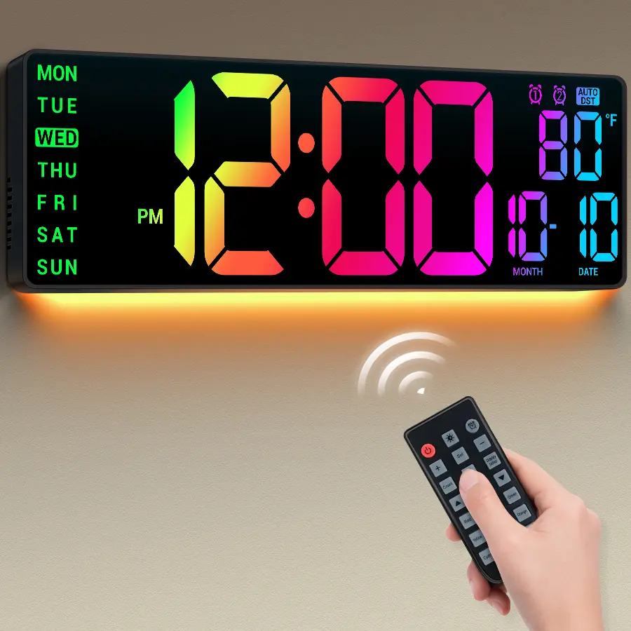 16.5in Square Color Changing Digital Wall Clock - RGB Lights, 11-Scene Mode Remote Control, Big LED Display, Dual Alarms, Auto DST, Temperature Display, Ideal for Classrooms, Gaming Rooms, Multifunctional Home Decor Gift