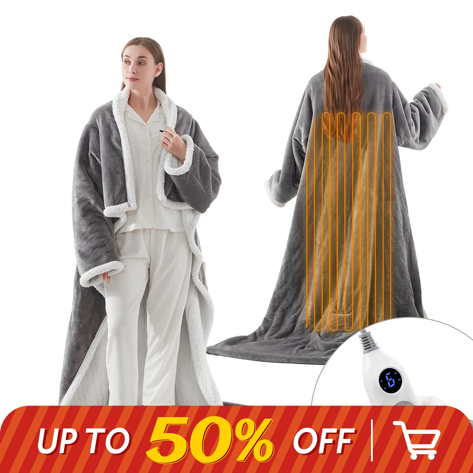 Westinghouse Electric Snuggle Throw Blankets with Foot Pocket, Wearable Heated Blanket with Sleeves, 6 Heating Levels & 2 to 10 Hours Heating Time Set