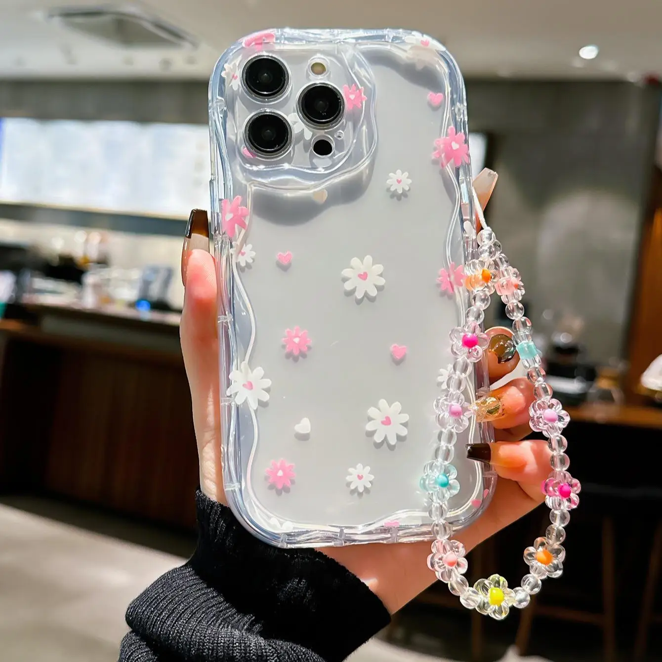 Cute Flower & Heart Decorative Phone Case with Lanyard, Shockproof Phone Protective Cover, Phone Accessories Compatible with iPhone 11 12 13 14 15 16