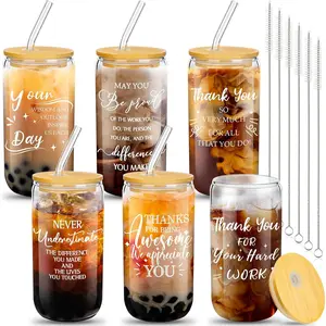 6 Set Employee Appreciation Gifts CNA Appreciation Week Gifts Thank You  for Staff Coworker Glass Cups 16 oz Can Shaped  Glass with Lids Straws Brushes(Affirmative Style)