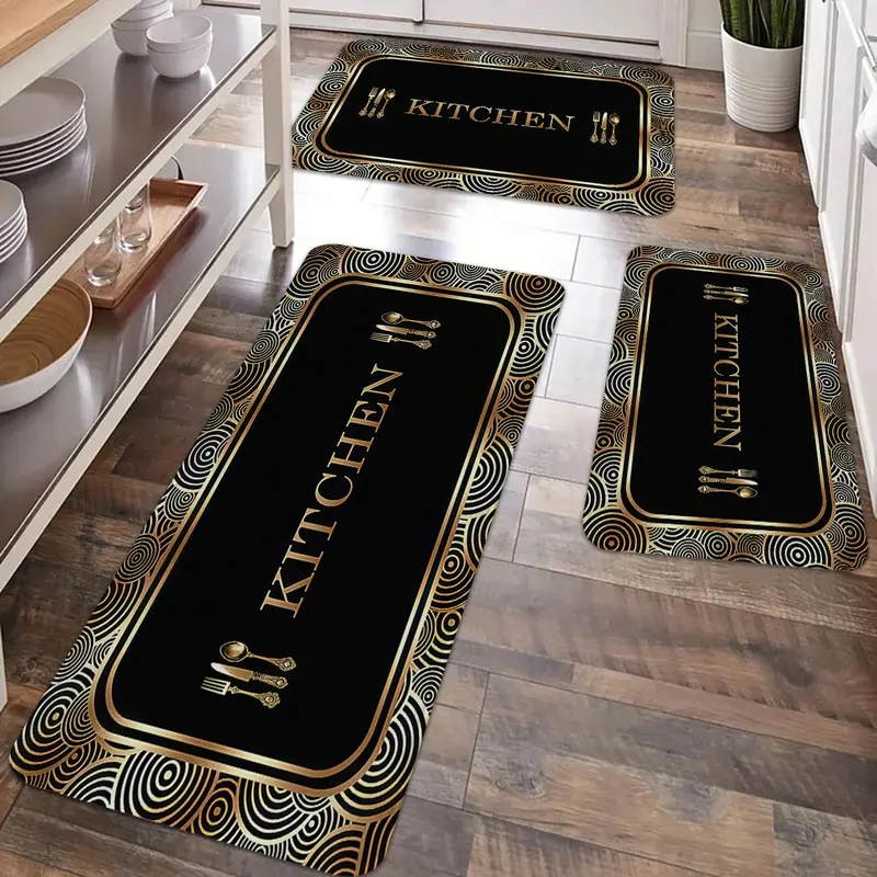 2/3pcs kitchen anti slip carpet floor mat, black gold geometric texture design printed kitchen floor mat, soft and comfortable flannel anti slip washable kitchen floor mat, suitable for kitchen, dining room, laundry room, room decoration floor mat