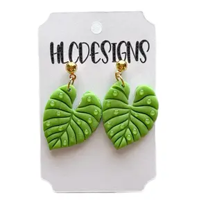 Monstera Water Droplet Clay Dangle Earrings Green Leaf Design with Gold Hooks