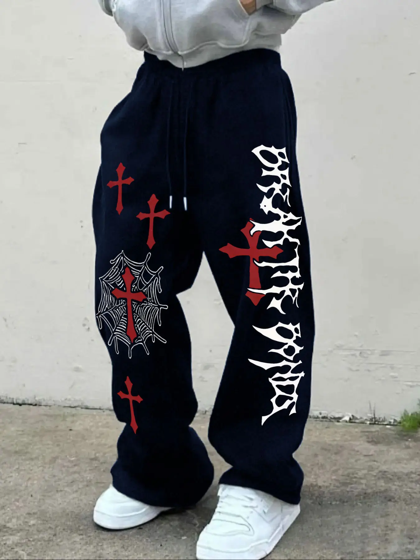 Men's Gothic Print Jogger Pants, Loose Straight Leg, Mesh Design, Casual Sportswear, Drawstring Waist, All Seasons, Gym & Leisure Wear, Tracksuit Pants
