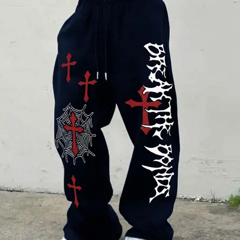 Men's Gothic Print Jogger Pants, Loose Straight Leg, Mesh Design, Casual Sportswear, Drawstring Waist, All Seasons, Gym & Leisure Wear, Jogging Pants, Tracksuit Pants, Athleisure Track Pants