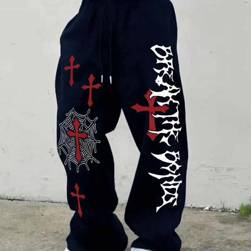 Men's Gothic Print Jogger Pants, Loose Straight Leg, Mesh Design, Casual Sportswear, Drawstring Waist, All Seasons, Gym & Leisure Wear, Jogging Pants, Tracksuit Pants, Athleisure Track Pants