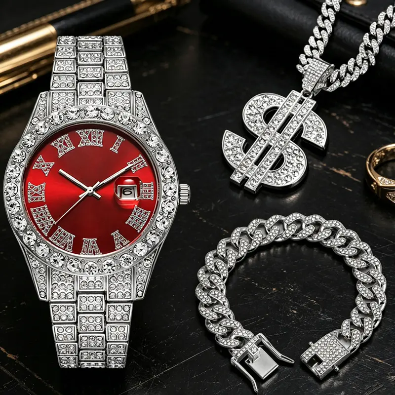 Men's 4-Piece Fashion Watch Set - Silvery Luxury Rhinestone Analog Watch, Cuban Chain, "$" Dollar Pendant, Bracelet, Men's Jewelry Matched Watch+Chain Gift Set for Males