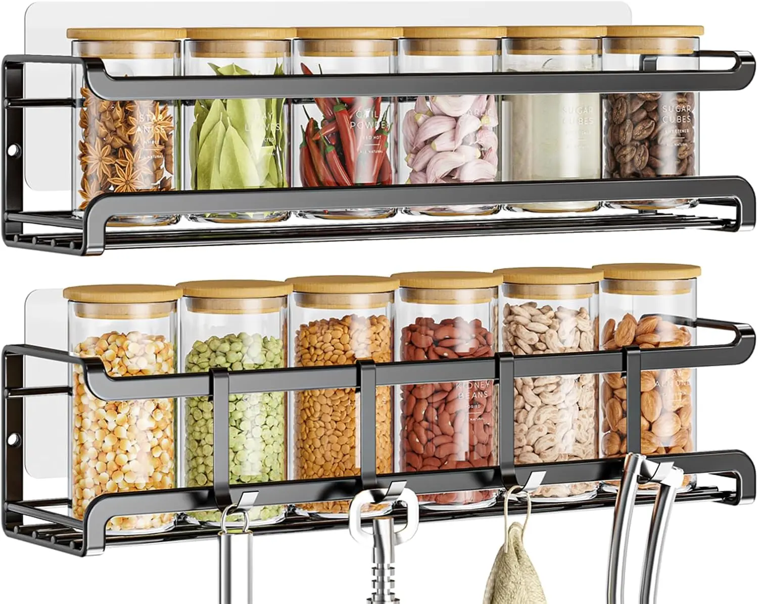 Bunoxea Spice Rack Wall Mounted 2 Pack, Space-Saving Spice Organizer for Spice Jars and Seasonings,Screw or Adhesive Hanging Spice Rack Organizer for Your Kitchen Cabinet,Or Pantry Door