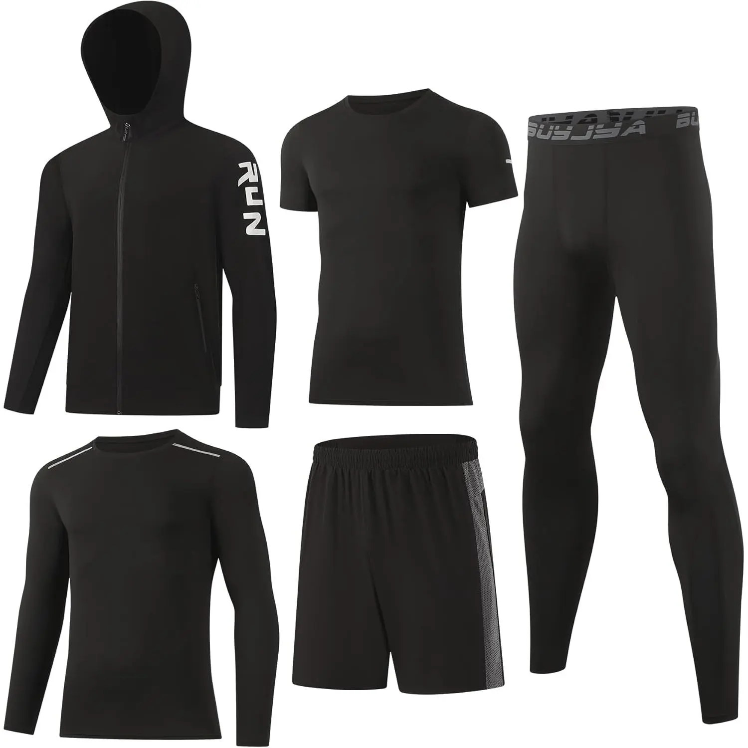 5Pcs Men's Workout Long Sleeve T Shirts Athletic Zip Pocket Shorts Jackets Compression Pants Gym Clothes