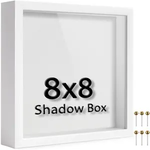 8x8 Shadow Box Frame | Soft Linen  & Push Pins Included, Polystyrene Glass Memory Display Case , Tickets & Cherished  Items, White