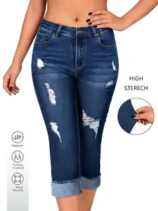 Women's Distressed Hem Folded Dark Wash Denim Seven-Quarter Pants, Comfortable Elastic Fit, Slant Pockets, Casual Daily Wear Fashion Design