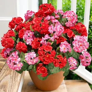 Artificial Geraniums Fake Decorative Flowers for Outdoors Decoration, 6 Bundles Set, Fake Plastic Plants, Silk Geraniums Flower UV Resistant Faux Plants for Front Door Garden Porch Patio Balcony Indoor Home, Flowers for Outside, Mix