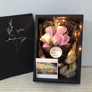 Elegant Rose Bouquet Set with 7 Glittering Roses Artificial Band & Adorable Bear Shiny Gift Box for Mother's Day Anniversary Wedding Engagement