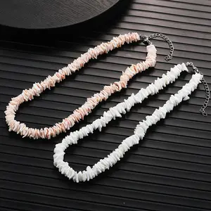 2Pcs White Pink Puka Shell Necklace Set Hawaiian Seashell Necklace For Men VSCO Girl Beach Beaded Summer Pooka Choker Necklaces For Women Jewelry Gift puka  shell