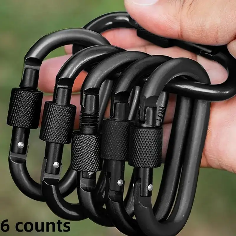 6 Counts Black aluminum D-shaped keychain with screw door - perfect for outdoor camping, hiking, and fishing Key Carabiner