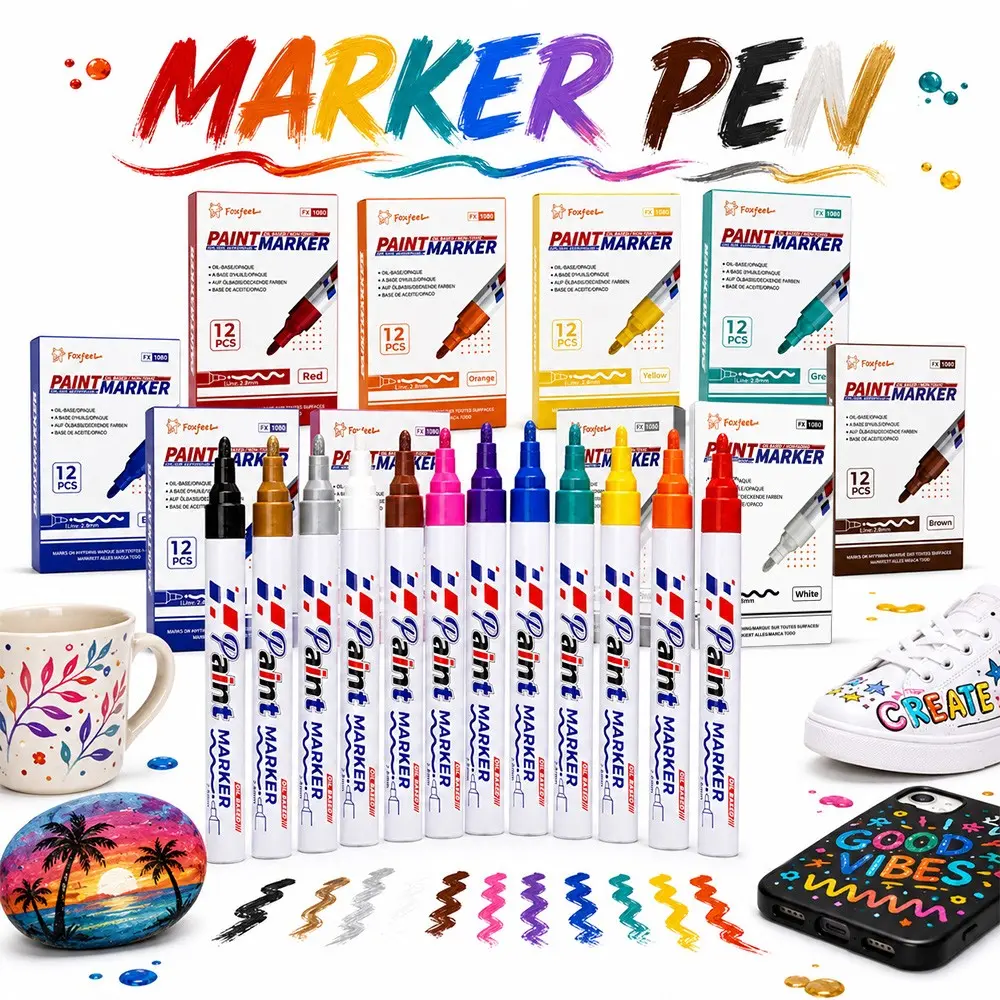 Foxfeel Oil-Based Paint Pen, 2.8mm Broad Tip, Vibrant Colors, Low Odor, Waterproof, Fade-Resistant, 12 Colors, DIY Art Supplies