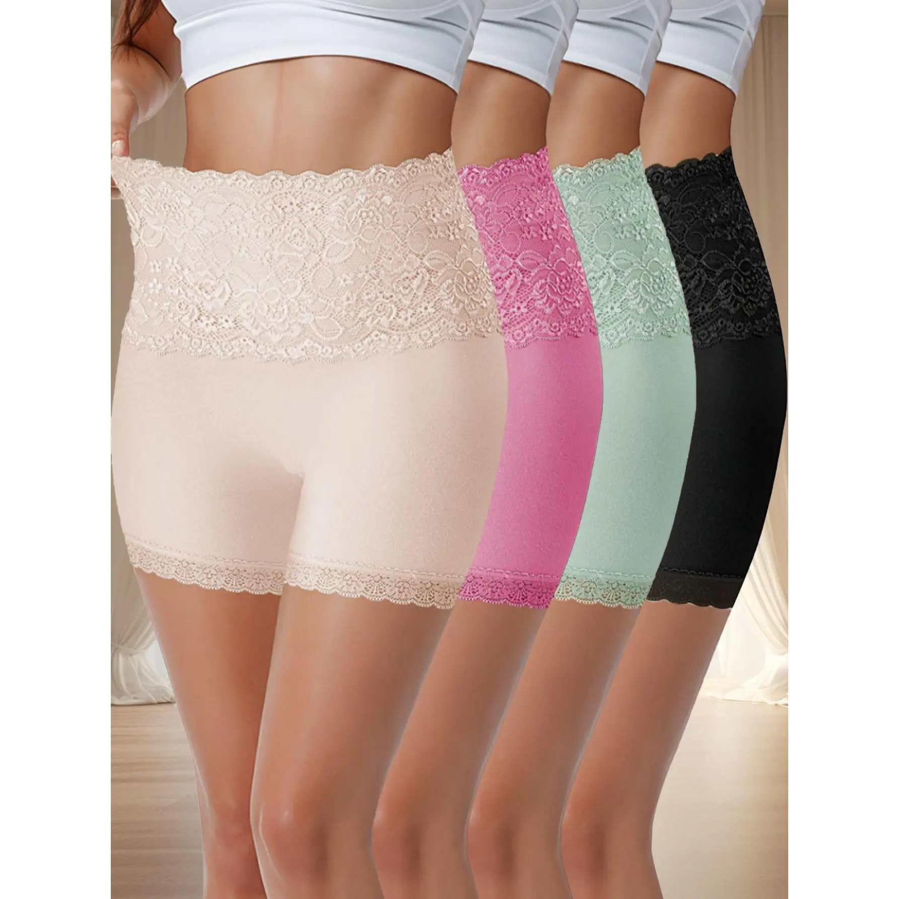 QUASTI Women's 4pcs Basic High-Waisted Cotton Lace Panties Set - Elastane, Soft, Breathable, Seamless, Compression, Butt Lifting, Full Coverage Elastic Fit, Boy Shorts, High Waisted Shorts, Romance, S-XXL, 4 Colors
